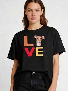 Camiseta de Gran Tamaño para Mujer con Estampado Gráfico de Perro Galgo Italiano "I Love My Pet" - Cuello Redondo Casual, Manga Corta, Corte Holgado, Fibra de Poliéster, Lavable a Máquina, Estampado Vibrante y Colorido, Perfecta para Conjuntos de Verano, 100% Algodón, blusas de mujer, camisetas de mujer algodón - Negro - Ver 7