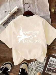 New Summer Collection 2026: Women's Casual Summer T-Shirt [Double-Sided Print], Suitable For All Seasons, Comfortable To Wear, With A Flying Dragon Design And The Text "MOTHER OF DRAGONS" Printed, Versatile Garment, Comfortable Material, Short Sleeve T-Shirt, A Summer T-Shirt For Fashion Lovers. - 杏色 - 查看 3