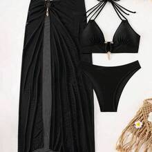 Swim  3pcs Women Halter Vacation Swimwear Set - Bikini Top, Bikini Bottoms, And Cover Up Skirt Summer - Negro - Ver 7