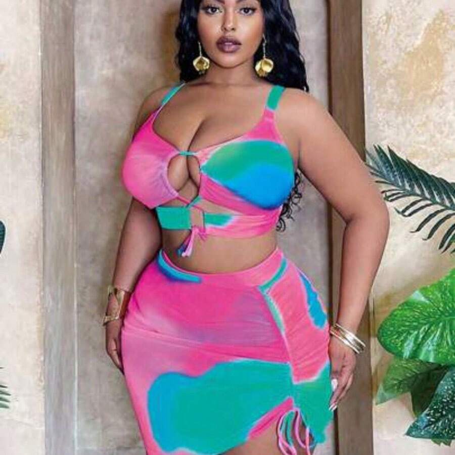 Slayr CURVE Plus Size Women 3pcs Swimsuit Set - Gradient Random Print Tie Front Hollow Top, Paired With Triangle Bottoms & Drawstring Beach Skirt, & Sexy For Beach Holiday For Summer Beach Vacation - Rosa - Ver 1