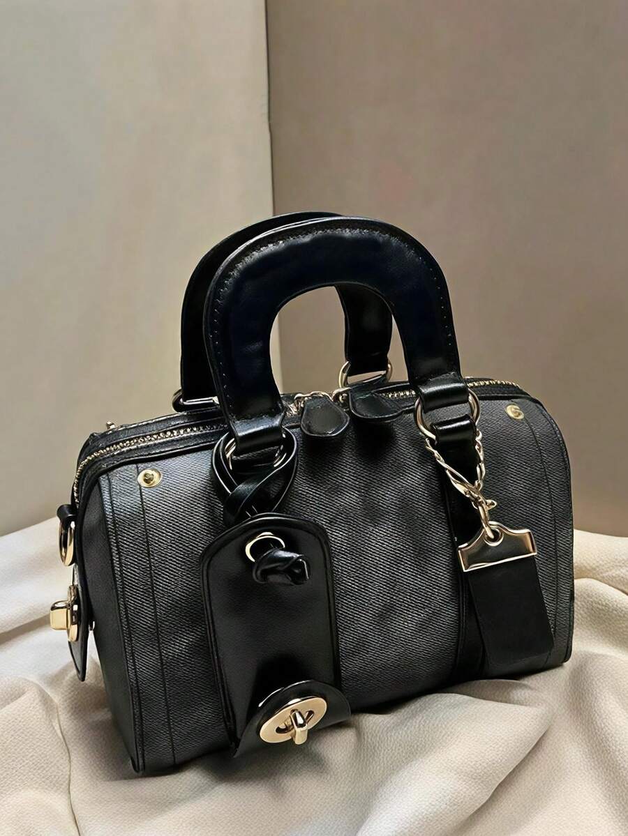 Classic Clown Solid Color Letter Decor Design Portable Women Wallet, Dual Handle Pillow-Shaped Bag, Elegant Business Commuter Bag, Suitable For Outings, Commuting To Work, Attending Gatherings And Other Occasions - Black - View 1