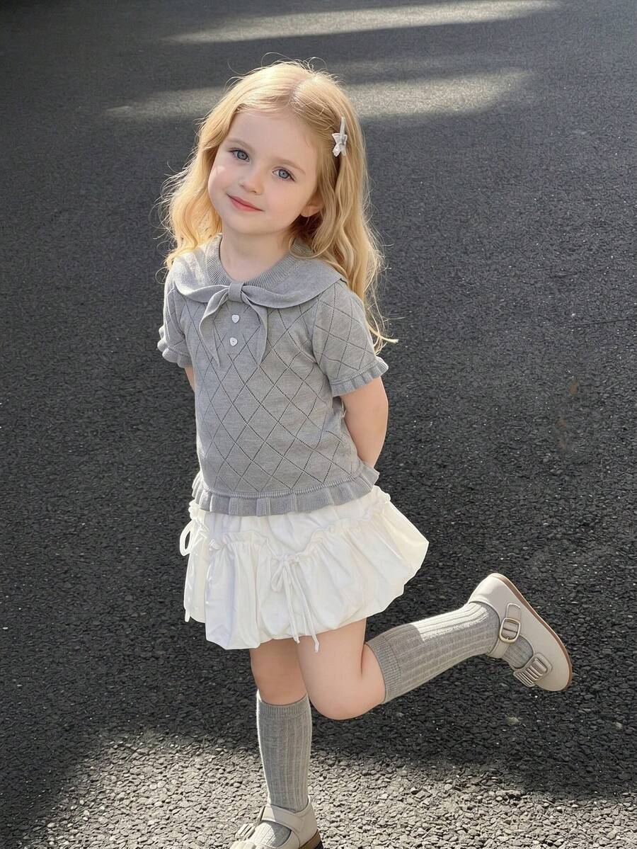 Kleine Mädchen Mode Strick Kurzarm Top, Schleifendesign, Lässiges Strick Kurzarm Top, vielseitig für den Alltag, Sommer
