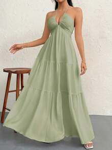 Vestido de gasa para mujer sin espalda con cuello halter y cola larga para vacaciones, bodas o festivales - Verde - Ver 4