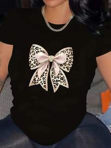 Camiseta de algodón de manga corta para mujer - Camisetas en la categoría Ropa, Calzado y Joyería con estampados de lazo de moda para estilos casuales de primavera, verano, otoño e invierno. Tienen un cuello redondo único, son holgados y cómodos, hechos de fibra. - Negro - Ver 1