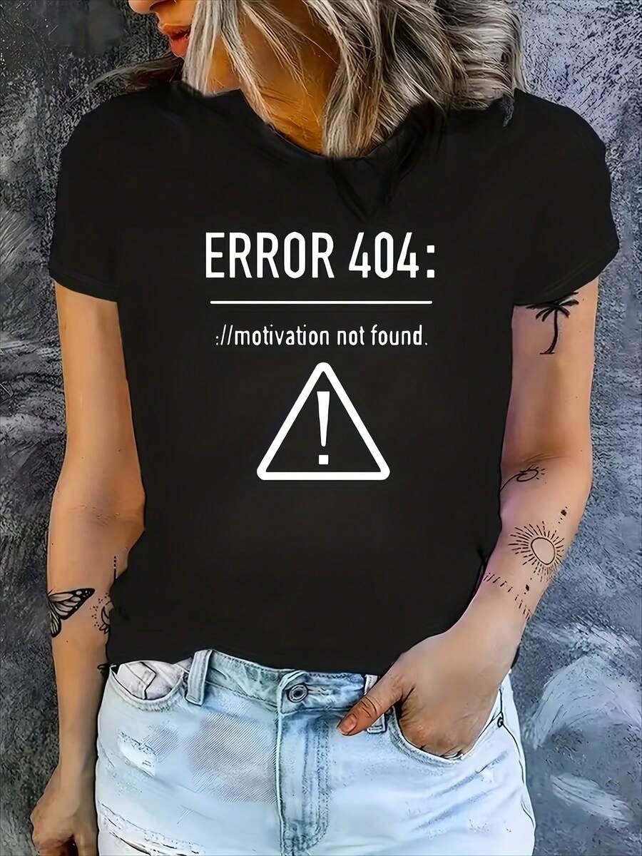 Camiseta Gráfica Oversize con Diseño de Error 404 - Nueva Colección 2025, Cuello Redondo, Manga Corta, Estilo Casual y Holgado para Todas las Temporadas, con Diseño de la Letra 404, Lavable a Máquina (Sin Tratamiento Especial) - Negro - Ver 1