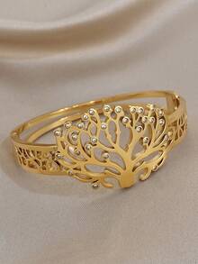 1pc Double Layer Life Of Tree Bangle Bracelet For Women Hollow Stainless Steel Golden Bangle Bracelet For Mother Day Valentine Party Vacation Festival Jewelry Gifts - Multicolor - View 4