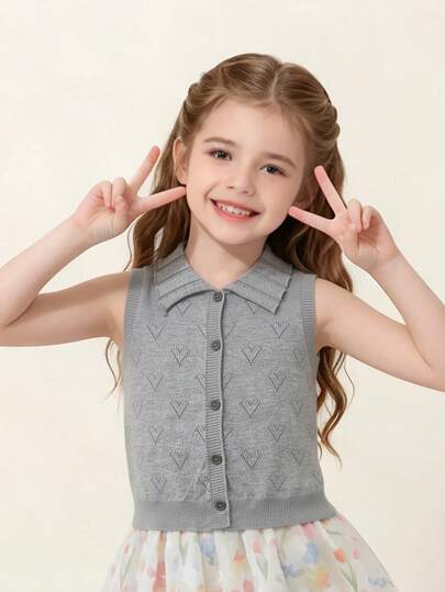 Young Girls' Casual Knit Sweater Vest, Summer | Versatile Everyday Knit Top | Original Design | Girls' Summer New Arrival School Style Knit Top | Collar Design | Floral Gray | Knit Cardigan | Vest | Cardigan | Girl | Girls' | Top Amount