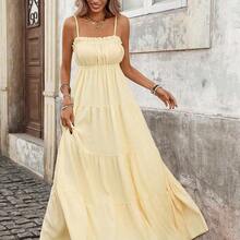 PariChic Women's French Style Vacation Spaghetti Strap Frill Trim Waist Fitted Long Textured Yellow Dress, Spring/Summer Yellow Maxi Dress Women Women Vacation Dress Yellow Sundress Women Long Sundress - Amarillo - Ver 2