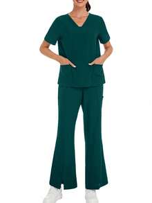 Solid Color V-Neck Short Sleeve Top And Split Leg Pants Lab Coat Nurse Scrub Uniform Scrub Uniform Set, Pet Hospital Clinic Work Scrub Uniform Set With Pockets Spring - Dark Green - View 5