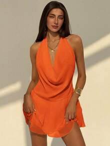 vestido mini de primavera/verano sexy con espalda descubierta, unicolor, cuello halter profundo con drapeado asimétrico y volantes en el bajo - Naranja - Ver 4