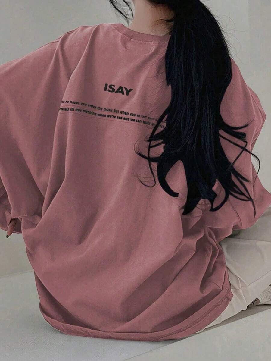 Camiseta holgada casual de primavera/verano para mujer con estampado de eslogan, cuello redondo y mangas largas con hombros caídos - Rosa - Ver 1