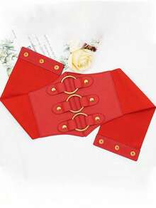 1 buah Sabuk Korset Elastis Kulit PU Merah Modis untuk Wanita dengan Dekorasi Cincin Bulat, Serbaguna untuk Pesta Liburan atau Pakaian Sehari-hari - Merah - View 3
