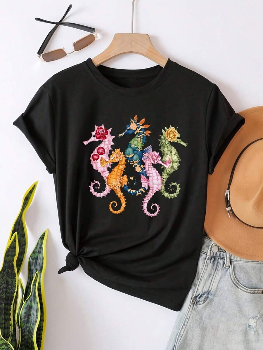 Printed T-Shirts With A Dark Style Retro Punk Design, Casual Short-Sleeved T-Shirts And Spring And Summer Fashion, 100% Cotton Women's T-Shirts. - 黑色 - 查看 1