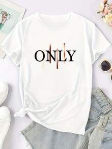 Patrón de Estampado de Letras Artísticas - Elegante y a la Moda - Camiseta de Cuello Redondo para Mujer, Estilo Casual Deportivo, Manga Corta, Tallas S-XXL, Múltiples Colores Disponibles - Blanco - Ver 3