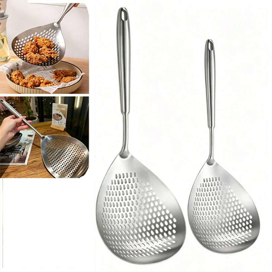 2 piezas/1 pieza Cuchara ranurada y escurridor de acero inoxidable 304 antescaldaduras para freír, para fideos, dim sum, papas fritas, pollo frito, pasta, ideal para Navidad, uso diario, festivales, cocina, restaurante, olla caliente
