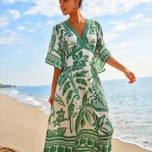 Retro Tropical Print V-Neck Casual Dress, Fall  Clothes, New Year, Wedding Guest Outfits, Elegant Graduation, Luxury Prom Dress, Casual Outfits - Verde - Ver 8