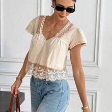 Blusa de mujer con cuello en V, manga corta y espalda con lazo, de encaje y parches, 100% algodón, estilo romántico francés, con diseño de espalda descubierta y mangas abullonadas, versátil para uso diario/casual, verano para mujeres, Día de San Valentín, Carnaval, vacaciones, blusa casual, top Y2K, blusa de encaje, blusa bohemia, top de encaje - Blanco - Ver 6