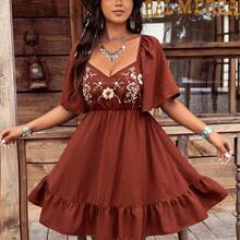 Bohemian Nomadic Style Placement Embroidery Square Neck Big Ruffle Sleeve Women Short Dress Elegant Summer - Negro - Ver 2
