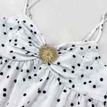 Women's Vintage White Polka Dot V-Neck Ruched Dress With Floral Decor, Tiered Bubble Hem, Elegant French Style For Beach, Party, Music Festival, Valentine's Day, Date, Casual Romantic Mini Dress - Negro - Ver 4