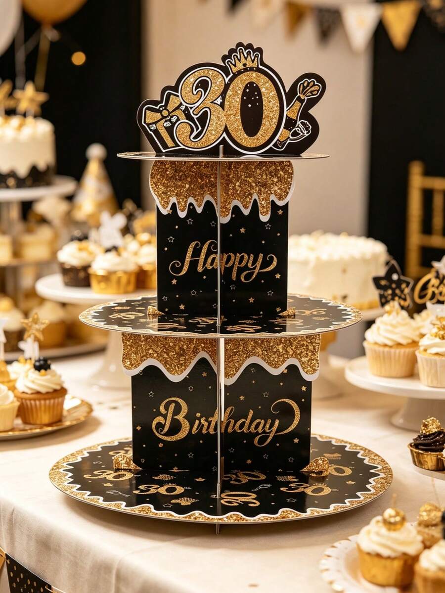 1pc Black & Gold "Happy 30th Birthday" Cake/Cupcake Stand, Black & Gold 30th Birthday Party Decorations, DIY Cake Decor, Cake Tray, Food Display Rack/Cupcake Stand, Cake Decorations - 30 Years Old - View 1