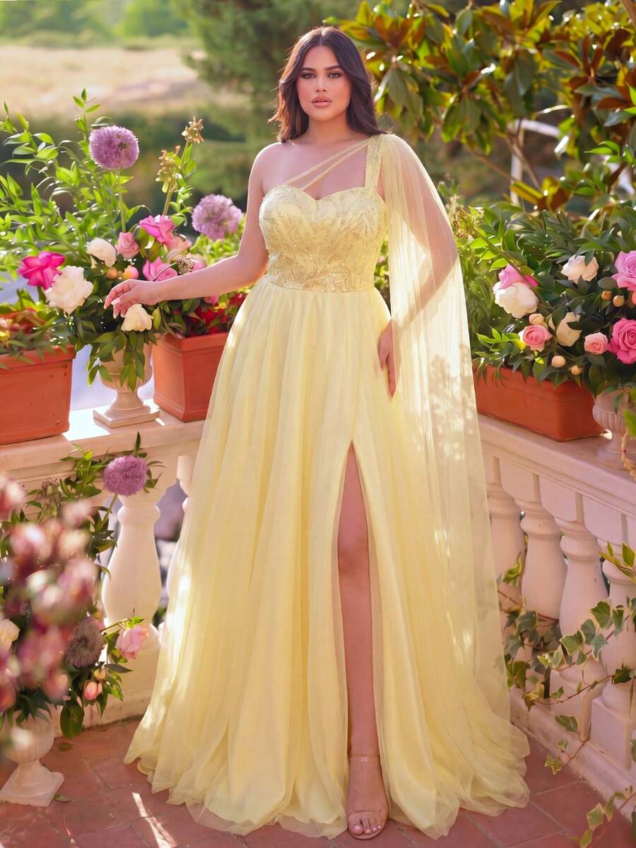 Faeriesty Đầm dạ hội cỡ lớn sang trọng lệch vai: Dáng chữ A bằng vải voan với dây buộc phía sau và đường xẻ cao. Thiết kế ruy băng mềm mại, thanh lịch, thích hợp cho các buổi dạ tiệc, đám cưới và các bữa tiệc. - Màu vàng - Xem 1