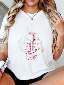 Anchor, Koi Fish, And Cherry Blossom Graphic T-Shirt - Women's Vintage Nautical Print In White, Soft And Breathable Summer Casual Top With Ruler Design Detail - Gift For Holidays, Travel, Or Everyday Wear - 白色 - 查看 1