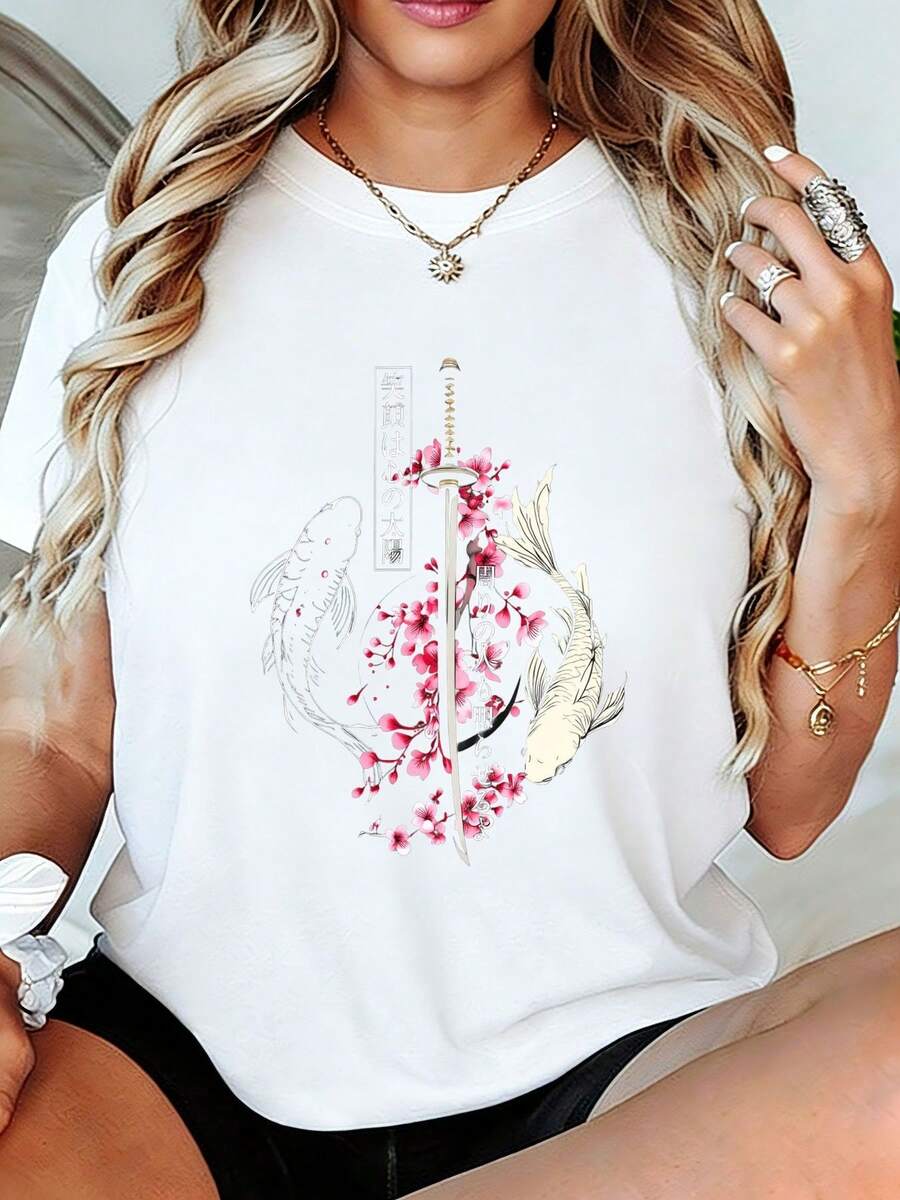 Anchor, Koi Fish, And Cherry Blossom Graphic T-Shirt - Women's Vintage Nautical Print In White, Soft And Breathable Summer Casual Top With Ruler Design Detail - Gift For Holidays, Travel, Or Everyday Wear - 白色 - 查看 1