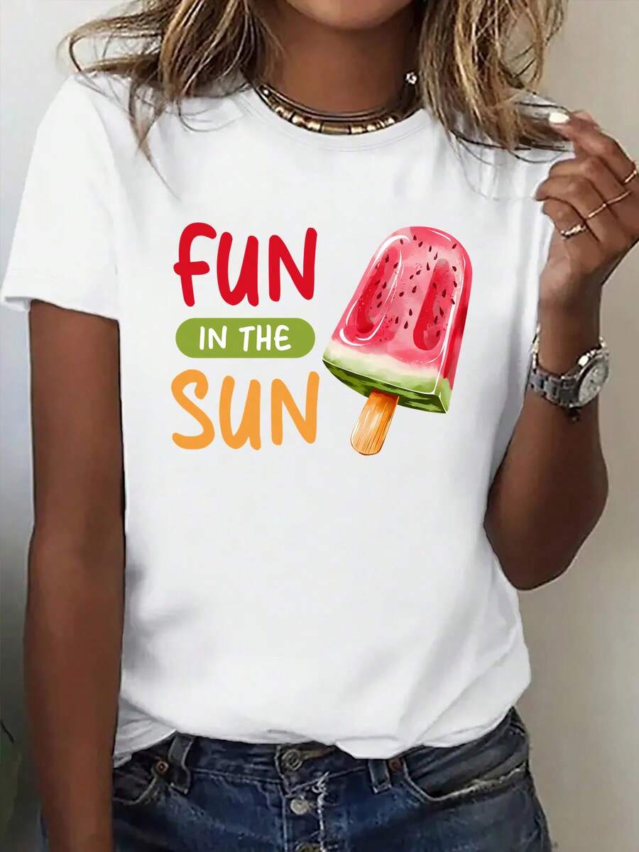 Women's Short Sleeve Printed T-Shirt, Summer Short Sleeve T-Shirt With Watermelon Ice Cream Design "Fun In The Sun", Fun Print For Everyday Wear, Casual Top. Comfortable Basic Autumn T-Shirt, Short Sleeve Printed T-Shirt For Outdoor Activities. - 白色 - 查看 1