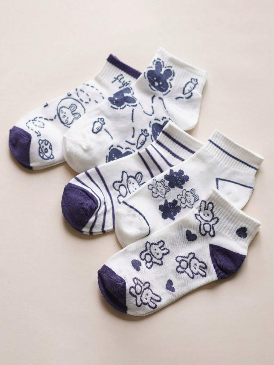 5 Pairs Women's Low-Cut Short Socks, Comfortable Casual Cute Cartoon Rabbit Design, Suitable For Spring And Autumn - Multicolor - View 1