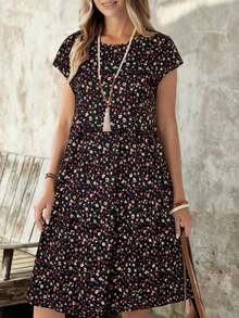 Vestido midi de manga corta, cuello redondo y corte holgado para mujer, adecuado para el verano - Multicolor - Ver 7