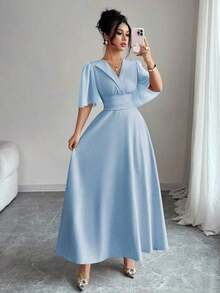 YHHElenzga Nuevo vestido casual, elegante y de vacaciones para mujer con diseño de cuello, cintura plisada, parche de gasa y mangas con volantesYHH - Celeste - Ver 3