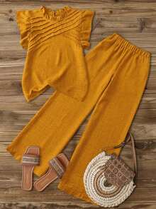 Blusa casual de mujer con decoración de volantes y mangas de campana asimétricas, Pantalones rectos casuales de mujer con cintura elástica, bolsillos laterales y pierna corta, color azul - Amarillo - Ver 8