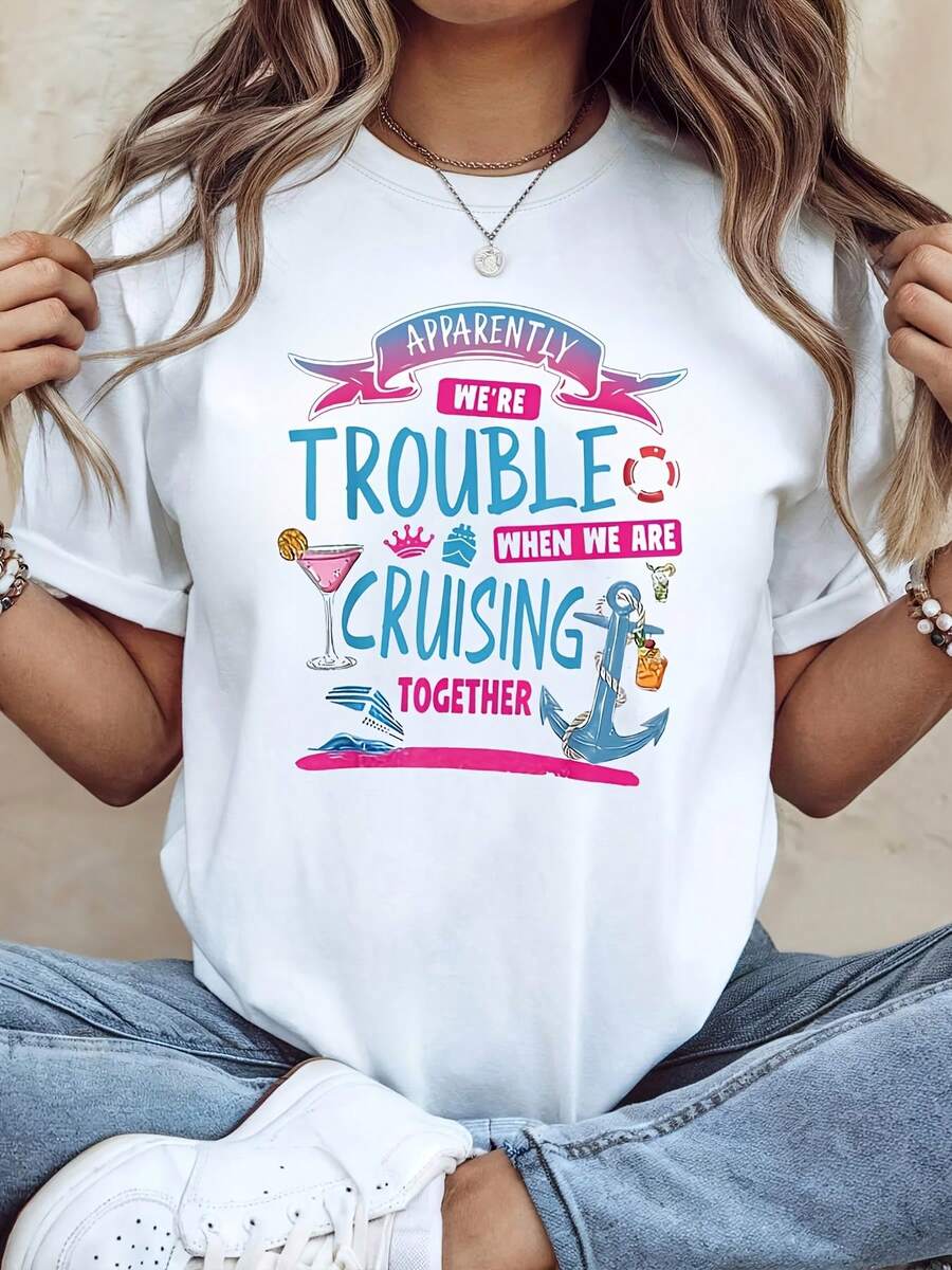 Women's Limited Edition Short Sleeve Crew Neck Casual T-Shirt, Lightweight And Breathable Cotton, With Fun "We Are Trouble" Print, For Spring/Summer, Everyday Wear, Outings, Holiday Gift. - 白色 - 查看 1