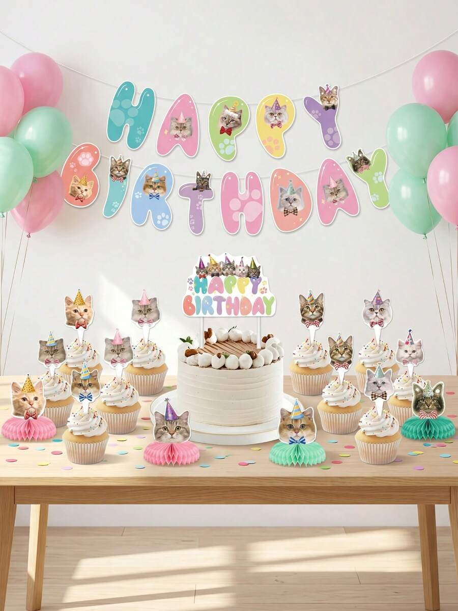 1 Set Cat Pet Birthday Banner, Pink Floral Garland Happy Birthday Bow Bunting Letter, Suitable For Cat 1st Birthday, Baby Shower Party, Home Scene Decoration - Cat Style - View 1