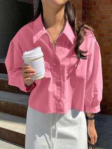 Camisa de manga larga holgada con botones delanteros y bolsillo en unicolor para mujer - Rosa Fucsia - Ver 5