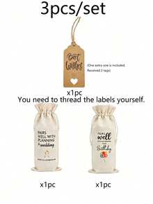 3pcs Wine Gift Bag Set With "Blessing" Tag, Linen Drawstring Wine Bottle Cover, Reusable Wine Bag Suitable For Wedding, Birthday, Party - MultiWarna - View 12
