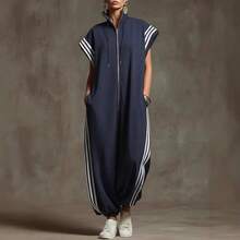 2026 Women's High Neck Zipper Striped Color Block Jumpsuit Fashion Casual Long Pants Romper European And American Style - 深藍色 - 查看 5