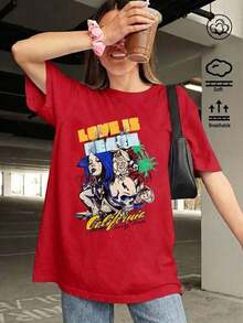 Love Is Death California My Love Camiseta con Gráfico de Calavera de Chica Anime para Mujer, Estilo Retro Y2K Streetwear, 100% Algodón, Camiseta Oversized, Top de Estética Punk Atrevida, Ropa Casual Transpirable para Verano, Regalo para Ella Adecuado como regalo. playera de mujer. blusas>elegantes. boho chic,Camiseta estampada de cuello redondo con diseño de dibujos animados. - Rojo - Ver 1