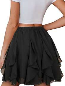 Women's Summer Mini Skirts High Waisted Chiffon Flowy Ruffle Basic Casual Short Skirt - Black - View 7