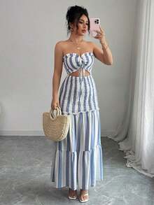 Vestido de tirantes finos con lazo en la cintura, estilo elegante y sexy con rayas, versátil para fechas, salidas, vacaciones, días festivos, vuelta al cole, atuendo de maestro, bodas, fiestas, festivales de música, Oktoberfest, Halloween, Acción de Gracias. Nuevos modelos de verano 2025. - Azul y blanco - Ver 7