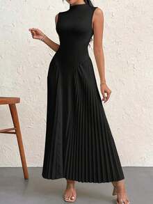 Vestido elegante de línea A ajustado con pliegues para mujeres - Negro - Ver 5