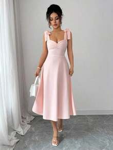 elegante y romántico para mujer con lazo decorativo en la cintura y corte evasé sin mangas - Rosa coral - Ver 7