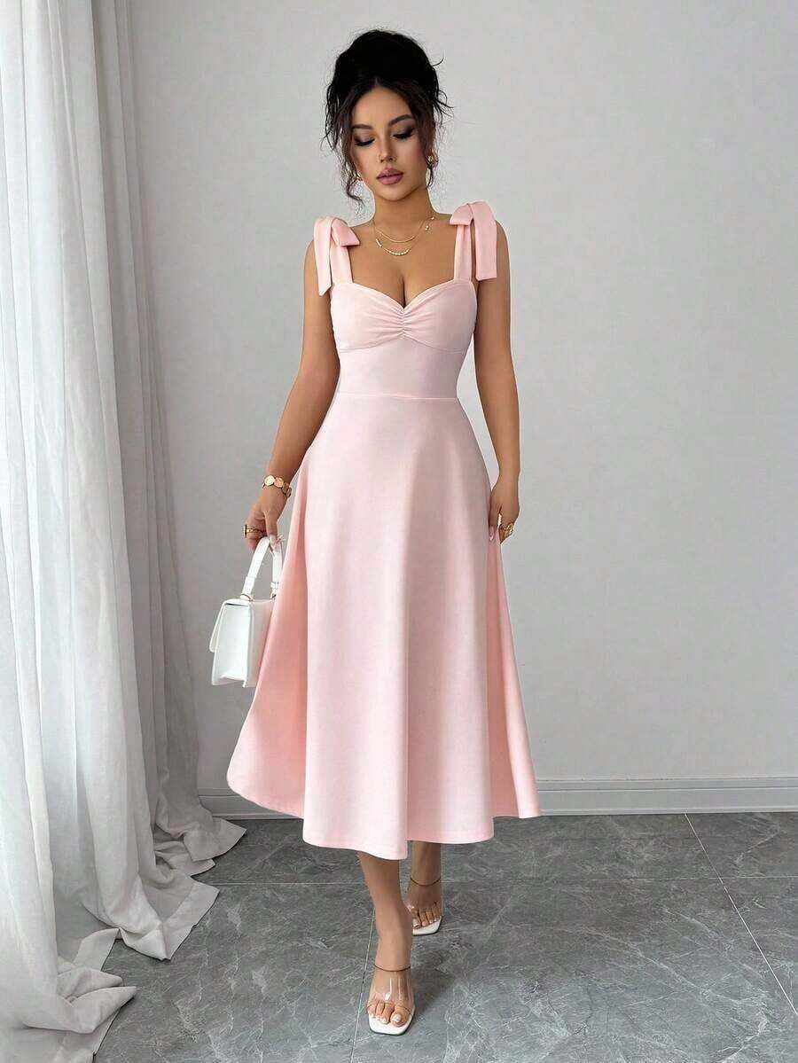 Elegant And Romantic Women's Dress With Thin Straps, Sleeveless Design, Fitted Waist With Bow And Flared Skirt, Perfect For Halloween, Music Festivals, Parties And Casual Wear In Autumn - 珊瑚粉 - 查看 1