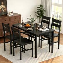 Modern Farmhouse Style 5-Piece Dining Room Table And Chairs Set, Rectangle Small Kitchen Table Set With 4 Chairs And Storage Rack, Particle Board Top And Metal Frame Dinette Set For 4, Space-Saving Design Bar Table Set - Đen/Đen - Xem 3