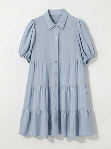 Vestido elegante con cuello azul marino, botones delanteros y mangas con volantes en capas - Celeste - Ver 10