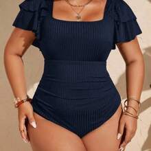 Swim Chicsea 2026 New Summer Beach Vacation Ruffled Petal Sleeve Plus Size One-Piece Swimsuit - Azul Marino - Ver 1