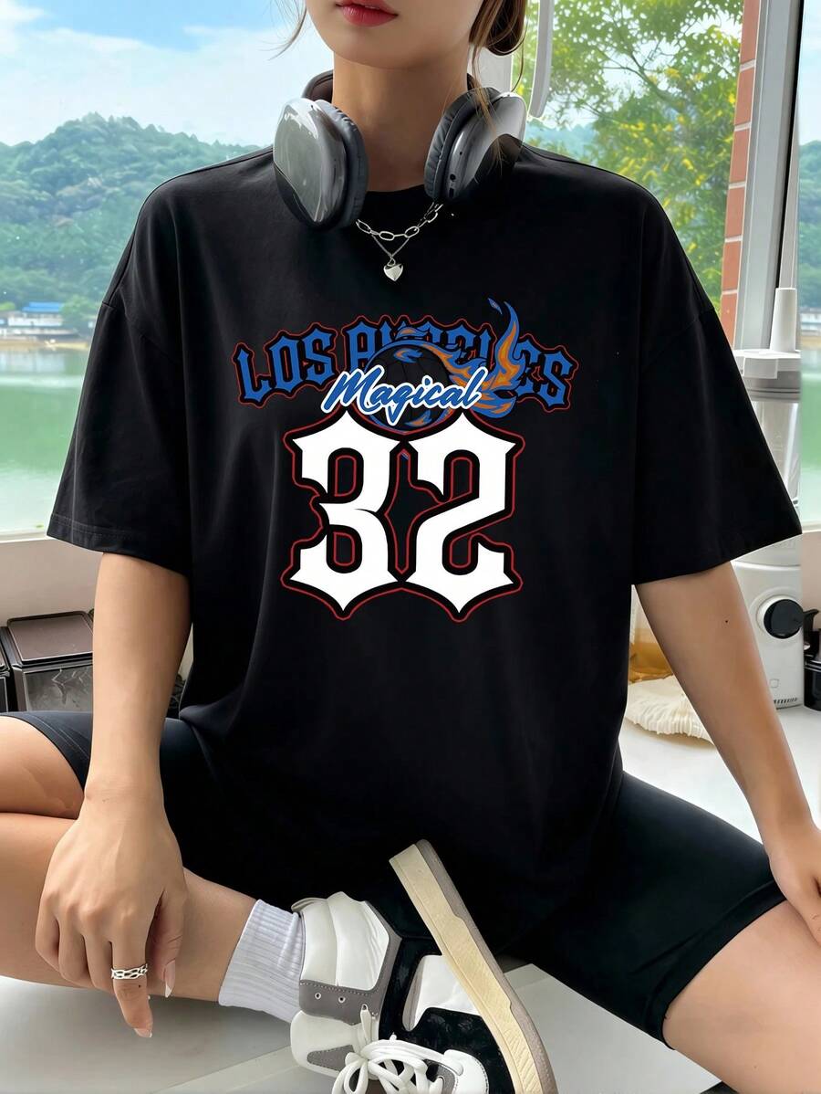 Camiseta Oversize para Mujer con Estampado de Números, Cuello Redondo, Manga Corta, Diseño Streetwear Casual, Ideal para Verano - Negro - Ver 1