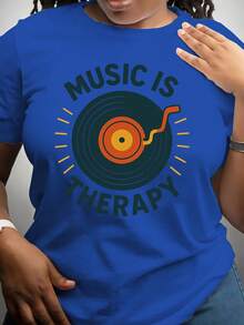 Women's Fashion Graphic Print Short Sleeve T-Shirt, Women's Short Sleeve T-Shirts Inspired By Music Records, Casual Short Sleeve T-Shirts For Spring And Summer, Women's Summer Clothes, Casual Short Sleeve T-Shirts, Comfortable, Soft And Simple Short Sleeve Top For Everyday Wear. - 藍色 - 查看 3