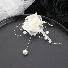 婚礼胸花和腕花套装，白色花朵仿珍珠新娘腕带新郎翻领别针，优雅婚礼配饰，适合新娘派对、舞会、节日、生日等场合 - 白色 - 查看 9