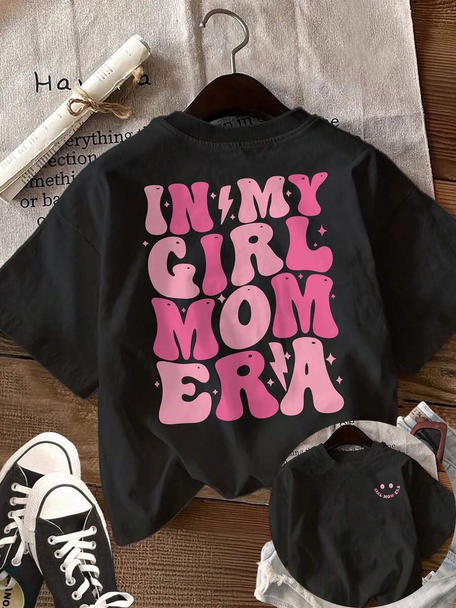 Women's Casual Black Knitted Drop Shoulder Round Neck Short Sleeve T-shirt with 'In My Girl Mom Era' Print, perfect for a Mother's Day gift. - Negro - Ver 1